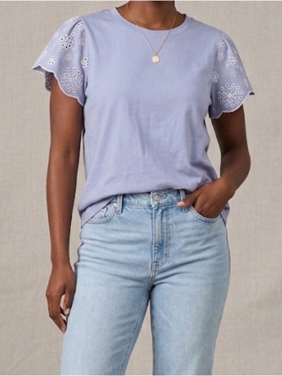 C&C California Tops - C&C California Embroidered Eyelet Sleeve Tee L Light Blue